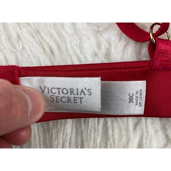Victoria's Secret Women's 36C Red Satin Sheer Lace Rhinestone Triangle Bralette - Picture 2 of 6